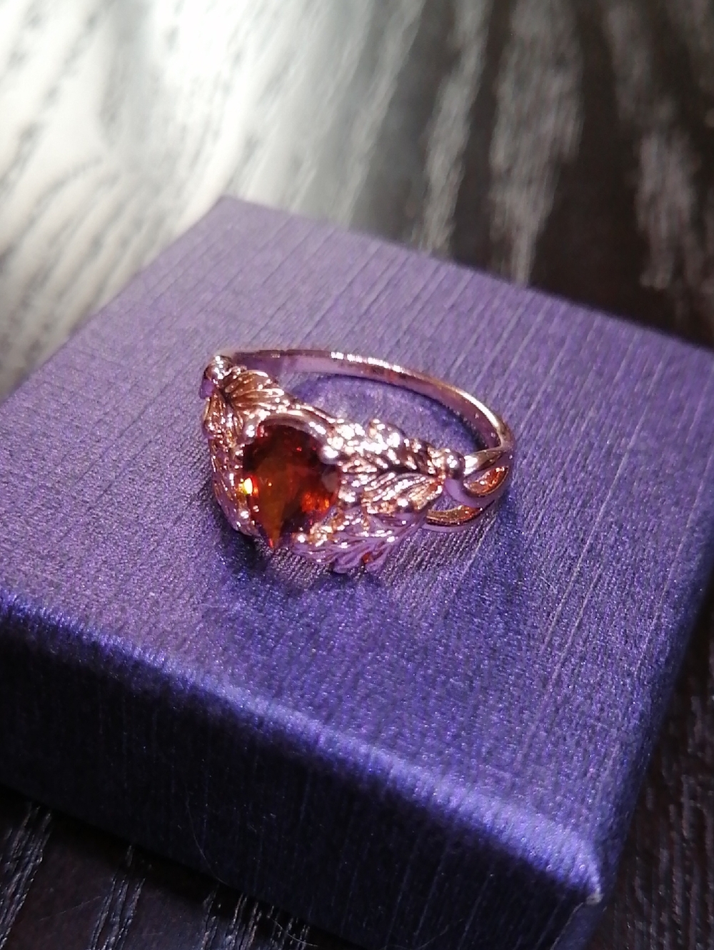 Gorgeous Elegant Ring With Garnet Colour Crystal, Rose Gold Tone, Size 7.25